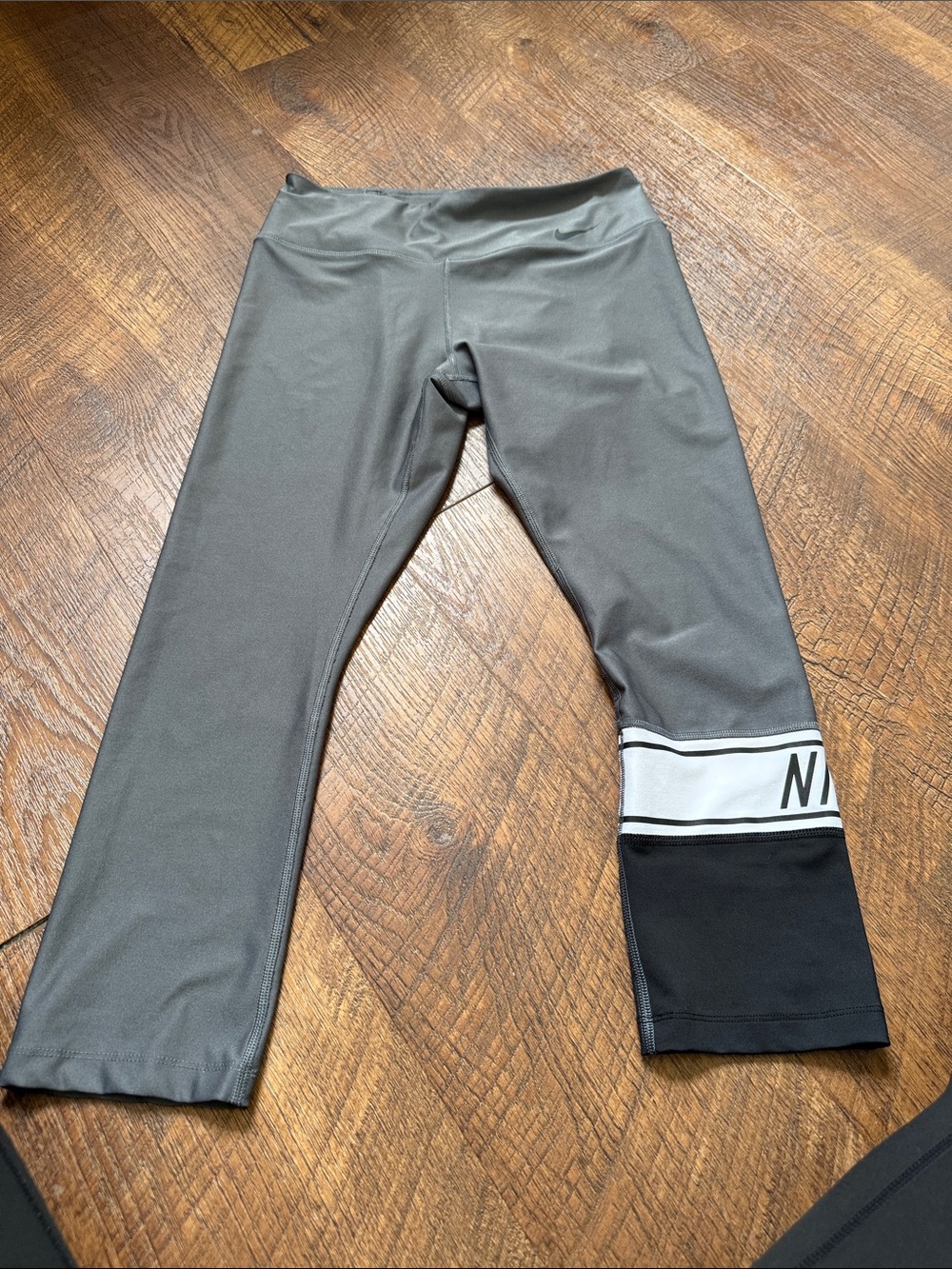 Nike Gray Leggings with Black Cuff and White Stripe